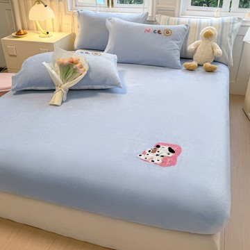 a類毛巾繡牛奶絨床包組 床包單件 加絨珊瑚絨 卡通 床罩 三件套 床墊 保護套罩