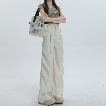 美式工裝褲女2025年夏季薄款寬松闊腿速幹直筒休閑褲寬松運動褲子鑫弘-素時衣櫥