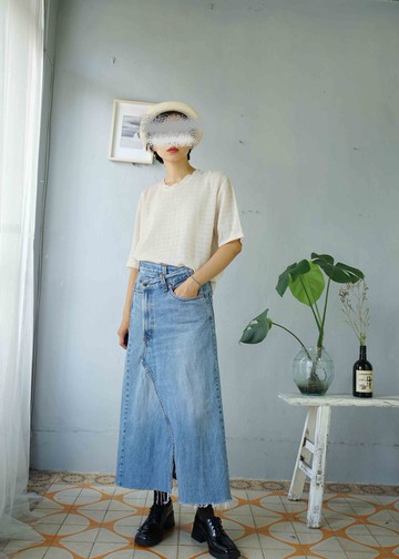 Restyle改造古著-Levis 505水洗藍不對稱開衩拼接牛仔長裙