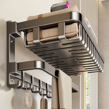 免運 開立發票 收納置物架 壁掛收納架  槍灰毛巾架免打孔衛生間置物架浴室加厚浴巾架收納掛架壁掛式