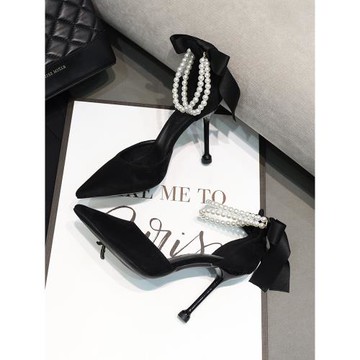 法式高跟鞋女2025春季新款尖頭細跟珍珠仙女風百搭黑色氣質單鞋女