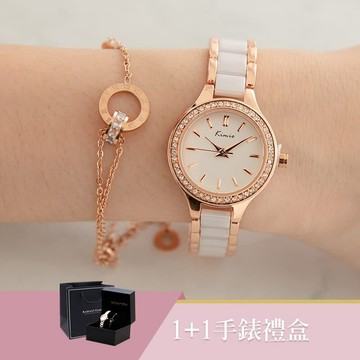女人愛美愛自己浪漫圓舞曲1+1獨家超值禮盒陶瓷手錶鈦鋼手鍊二件組【WKTL6121-KTL610】-白面白帶+玫金手鍊