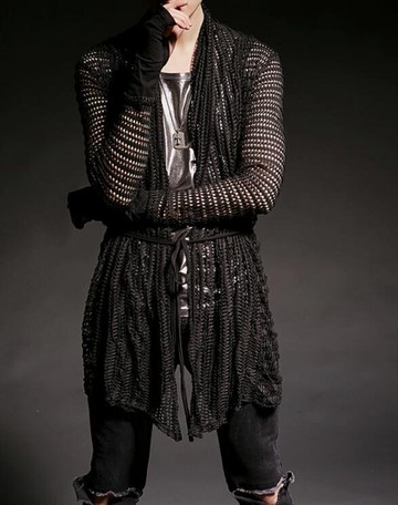 FINDSENSE 韓國潮流 個性 中長款 透視感鏤空 綁帶 時尚 街頭潮男 夜店 DJ   鏤空外套 高端長版外套