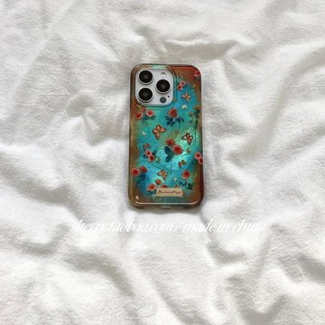SHERRY*ins風復古棕藍油畫蝴蝶玫瑰適用于蘋果17ProMax手機殼iPhone16Pro小眾少女心15簡約14清新13高級感春