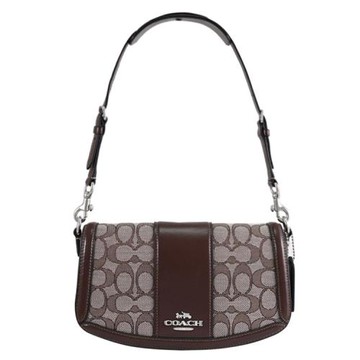 COACH CT767 ANDREA 滿版織布印花LOGO翻蓋單肩包.深咖