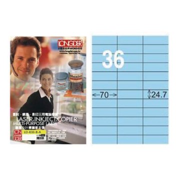 【龍德】LONGDER 三用電腦標籤 A4 36格 24.7*70mm淺藍105張 3盒/組 LD-830-B-A(適用雷射、噴墨、影印)