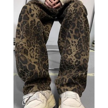 特大碼加肥300斤美式復古豹紋牛仔褲男痞帥炸街闊腿褲直筒彎刀褲