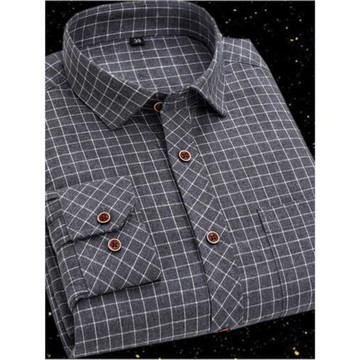 春秋季中年男裝長袖襯衫薄款40歲50男士中老年人爸爸灰色格子襯衣