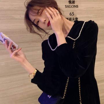 時尚高級感黑色絲絨連衣裙2022秋冬翻領設計感新款法式茶歇裙潮女