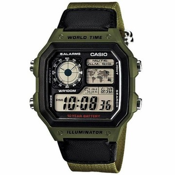 CASIO 卡西歐 10年電力 多功能軍風電子錶 1212購物節 送禮推薦-軍綠 AE-1200WHB-3B / 考試錶