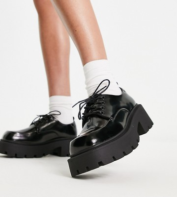 Truffle Collection Wide fit chunky lace up shoes with exaggerated sole in black