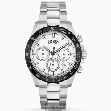 BOSS手錶，編號HB1513875，44mm銀圓形精鋼錶殼，白色三眼， 中三針顯示， 運動錶面，銀色精鋼錶帶款_廠商直送