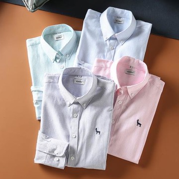 春季新品商務休閑全棉水洗男士刺繡工藝百搭色織條紋長袖襯衫襯衣