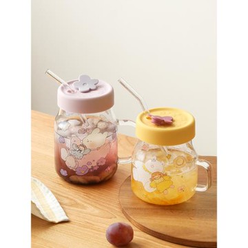 藍蓮花吸管杯兒童玻璃水杯帶刻度家用高硼硅耐熱玻璃杯子帶蓋小兔