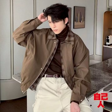 【自己人】美式痞帥外套 假兩件復古翻領夾克 高級感寬鬆休閒夾克 情侶款百搭休閒外套 外套 男裝 BCSA200