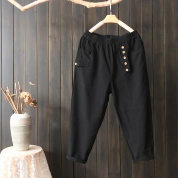 黑色大碼女裝夏季寬松胖mm薄款中年收腳腰間豎排扣棉麻九分褲子潮