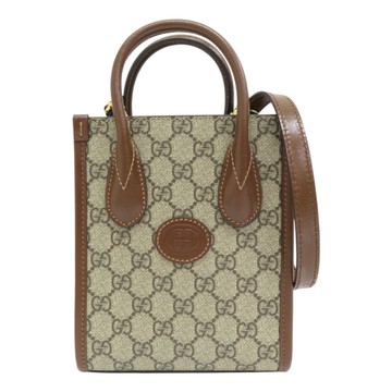 【二手名牌BRAND OFF】GUCCI 古馳 棕色 GG Supreme帆布 Interlocking G Mini Tote 兩用包 671623