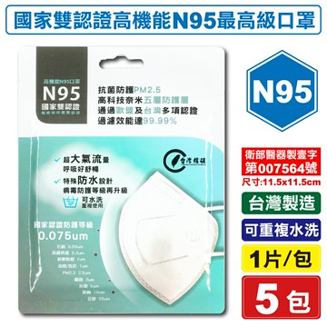 (平均單包$63台灣精碳 N95醫用口罩 1入X5包 (國家認證 可水洗重複使用 台灣製) 專品藥局【2018537】