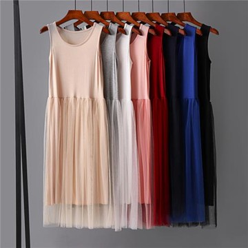 莫代爾拼接網紗裙顯瘦連衣裙女夏薄款無袖打底背心裙春秋內搭長裙