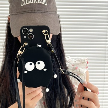 免運~黑色煤球零錢包適用vivo iqooneo8手機殼X90x80x70pro背帶y76sy52sy93斜挎掛繩z7軟s16