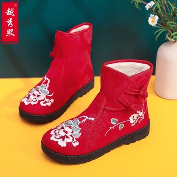 老北京布鞋女棉靴秋冬加絨保暖防滑民族風繡花鞋中老年厚底短靴
