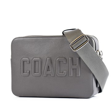 COACH 專櫃男款 Charter 鵝卵石紋雙層拉鍊置物斜背包-灰色