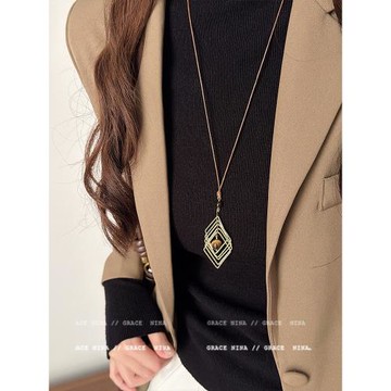 復古輕奢美拉德金屬線纏繞虎眼石吊墜項鏈女長款毛衣鏈配飾高級感