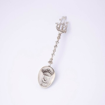 北荷蘭古董紀念品 城市霍恩(Hoorn) 835銀浮雕 船裝飾湯匙