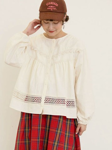 V字蕾絲邊長袖圓領排釦襯衫(0F001196110) - Samansa Mos2