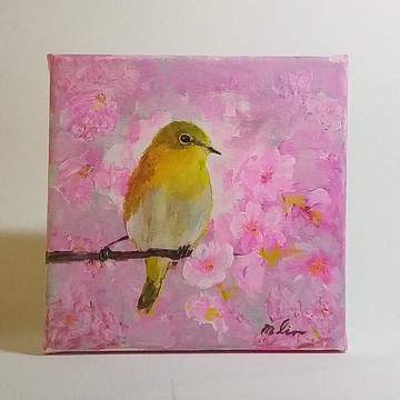 櫻花和綠繡眼/  原創手繪油畫/  獨一無二/ 無邊框小油畫