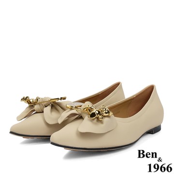 Ben&1966高級絲綢羊皮蝴蝶結造型扣飾包鞋-卡其(226351)