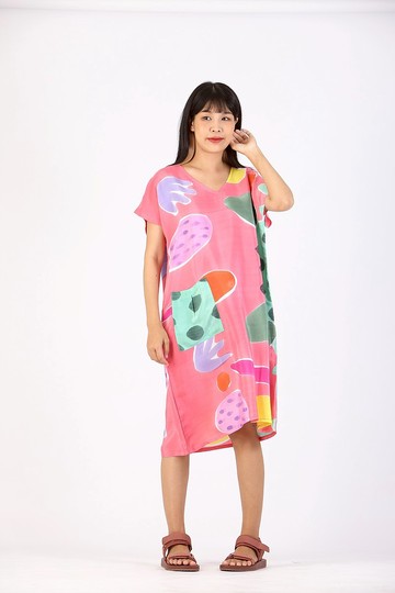 Short Dress Kaftan Cotton Silk V Nack Hand Paint Free Size