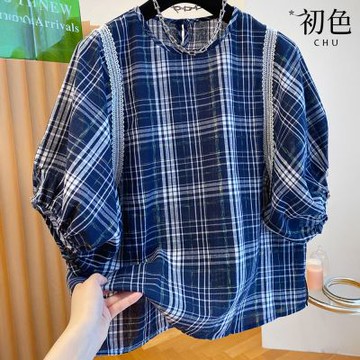 初色 休閒風寬鬆拼色格子蕾絲圓領短袖襯衫上衣女上衣-深藍色-13426(M-2XL可選)