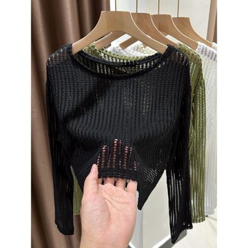 黑色鏤空針織罩衫女吊帶外搭夏季辣妹風長袖防曬t恤高腰短款上衣