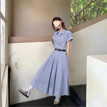 【送腰帶】文藝氣質藍色連衣裙女2025新款夏裝顯瘦裙子D1390A