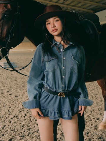 收腰小心機；花苞感牛仔襯衫上衣 附腰帶