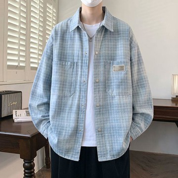 格子 襯衫式 外套 男生 春秋季 長袖 襯衣 休閒 寬鬆 夾克 男 帥氣 百搭 上衣服 9C