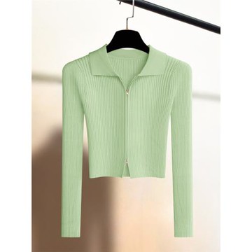 秋新品polo領拉鏈針織開衫高腰緊身顯瘦打底衫減齡上衣外套毛衣女