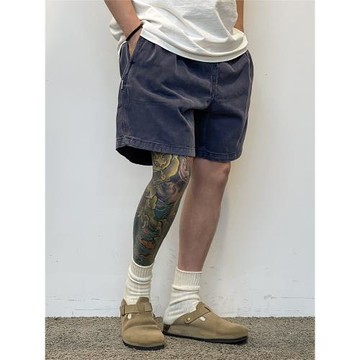 阿美咔嘰重磅美式復古水洗工裝短褲男直筒大碼寬松純棉蠟染中褲子