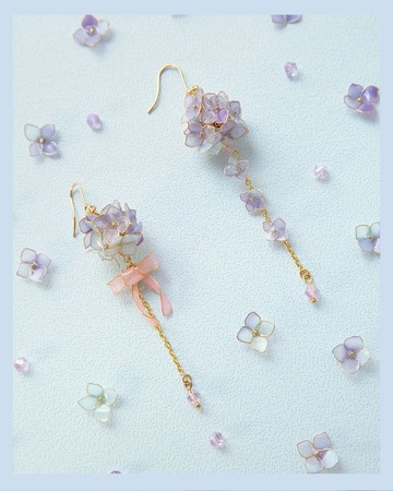 綻放之時 / 紫陽花 立體花球蝴蝶結 不對稱長耳環/手工原創