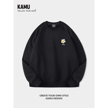 日系簡約小花加絨衛衣男女2025春秋情侶上衣男士休閑圓領外套潮