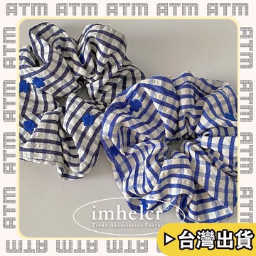 🔥臺灣出貨🔥可開發票✅輕飾時光格紋刺繡小花大腸髮圈韓國東大門簡約扎丸子頭小清新皮筋頭飾