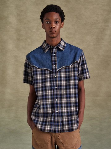 DENIM CHECK RAW-CUT SHIRTS [BLUE]