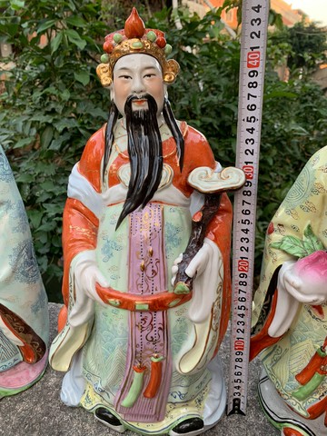 七八十年代彩繪福祿壽三星瓷塑像三尊！品相不錯！高分別：壽星公