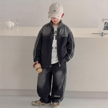 【中大男童】復古丹寧拼接休閒外套牛仔套裝