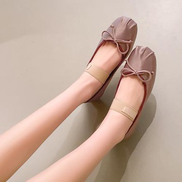 絲綢緞蝴蝶結褶皺平底單鞋女軟底舒適芭蕾舞松緊帶2023春款不磨腳