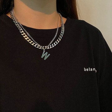 現貨-歐美個性不銹鋼鏈條項鍊W字母雙層鎖骨鏈嘻哈土酷百搭短款頸鍊女兩件套組-D91