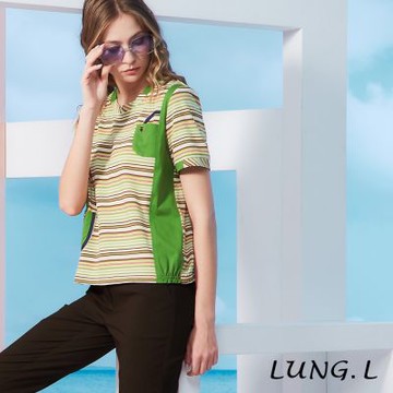 LUNG.L林佳樺 綠色彩條拼接素色口袋短袖棉質女裝上衣LS86A
