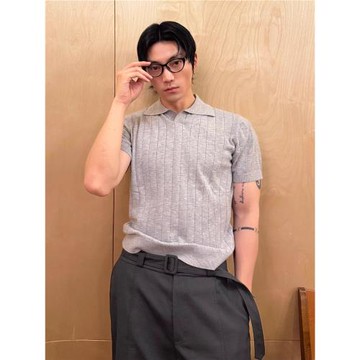 INTENT 夏季知識分子坑條透氣V領Polo衫針織短袖T恤合身翻領純色