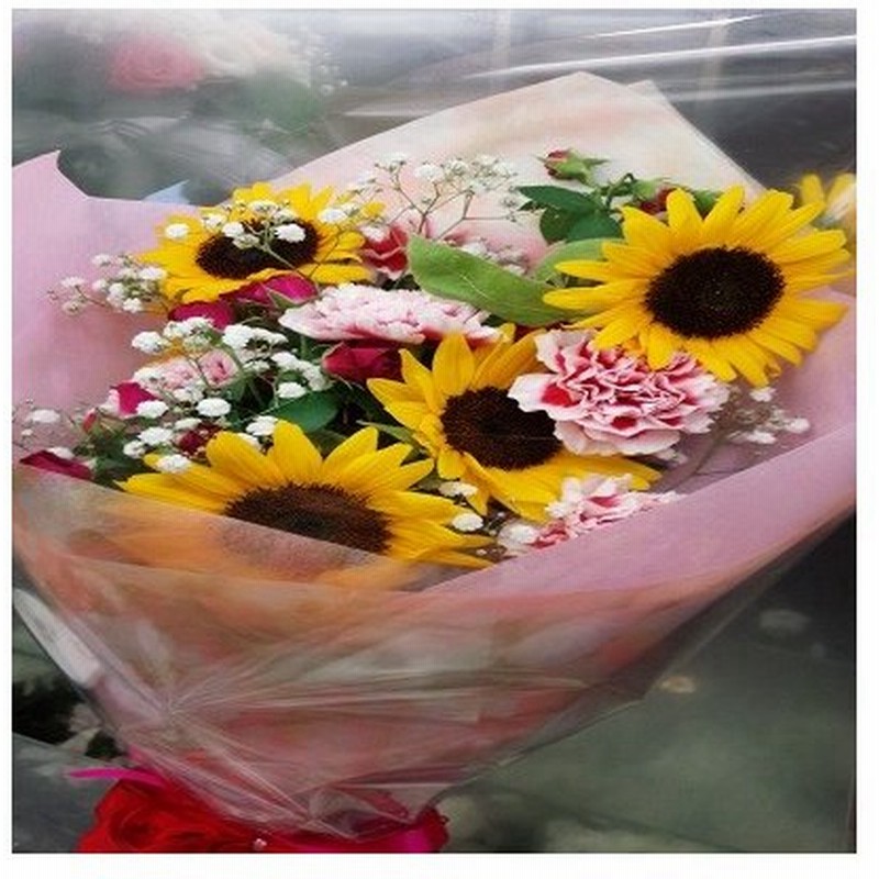 夏の花 ひまわりと可愛らしい赤 白の混ざりあったカーネーションの花束 通販 Lineポイント最大0 5 Get Lineショッピング